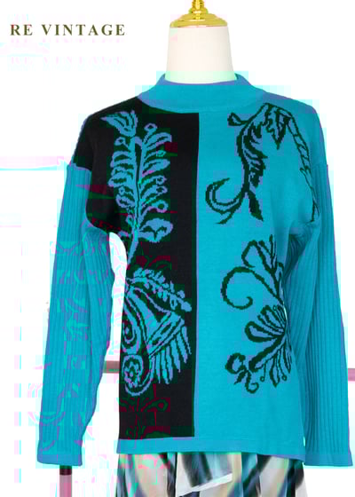 藍綠色正負圖騰反轉針織毛衣1