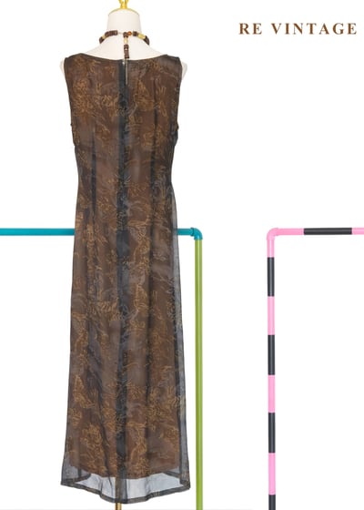 深灰紗中透著橘光抽象花朵長洋裝9