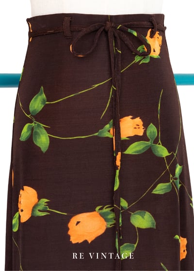 橘色小花高腰水水彈性布料長裙（23"-27"）3