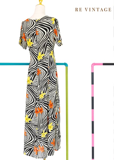 粉黃斑馬花朵洋流長洋裝10