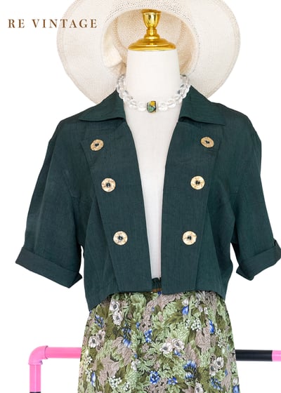 復古精緻墨綠色金釦短版上衣/罩衫1