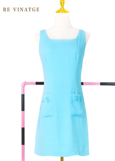 水藍色四朵小花夏日迷你洋裝1