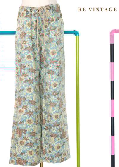 鄉村藍棕黃花慵懶午後寬版直筒褲（24-32"）1