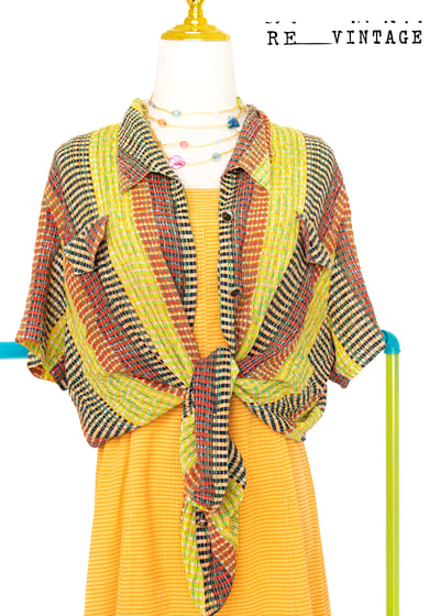 格紋線條黃橘黑短袖襯衫1