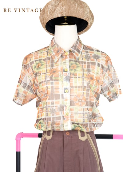 格子裡の可愛小花網紗上衣1