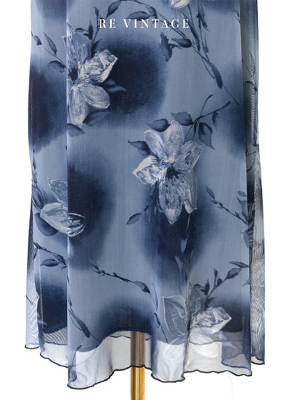 深藍水墨花卉畫網紗長裙（28-32"）8