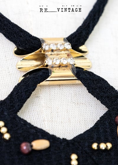 小花木釦鬆餅格布料黑色長洋裝9