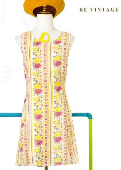 奶油檸檬黃線條粉紅玫瑰迷你洋裝1