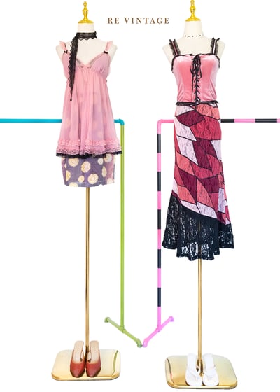 蕾絲粉紅色階幾何拼塊長裙（28"）2