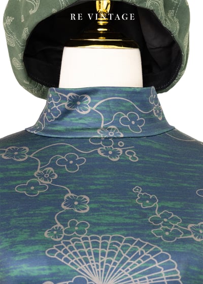 中國風小花藍綠色彈性高領上衣2