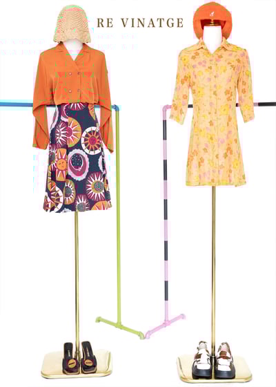 鮮橘色小格紋夏日花花洋裝2