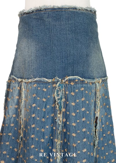 叛逆愛麗絲 - 洗舊小花拼貼丹寧美裙（29"）10