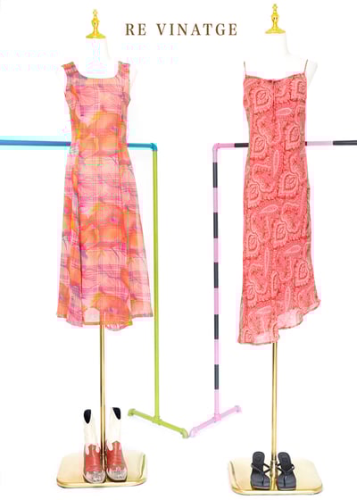 粉紅大花格紋雪紡長洋裝2