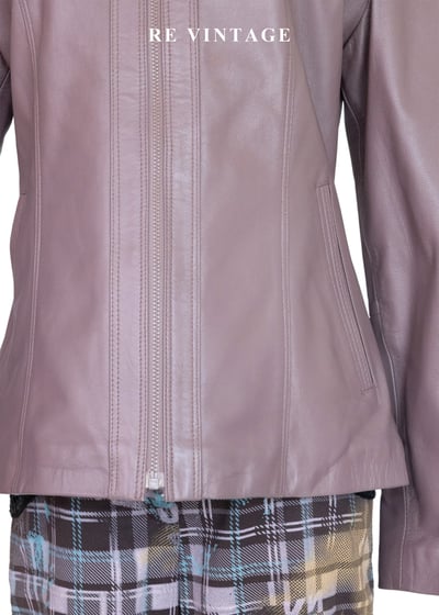 藕紫色極簡反領皮衣外套4