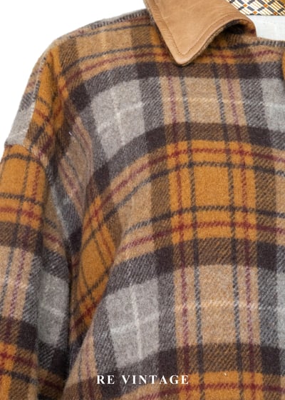 焦糖格紋毛呢拼皮革長版外套6