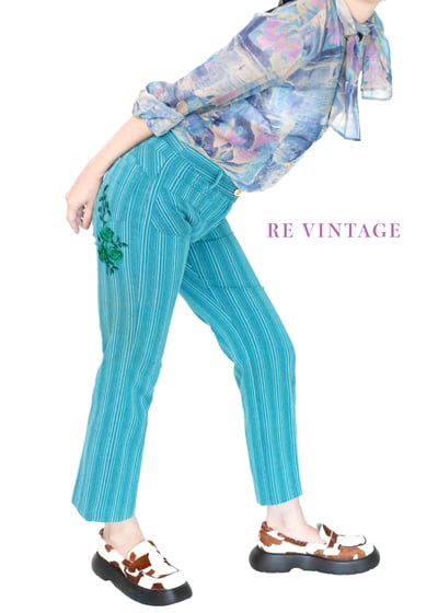 美臀綠花刺繡藍綠色直筒褲2