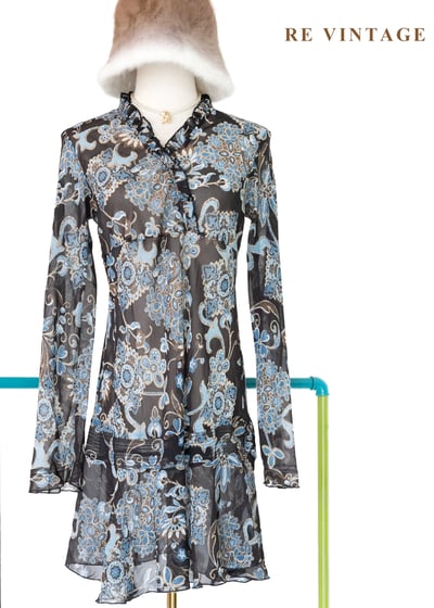 暗夜繁花荷葉邊天膚印花洋裝1