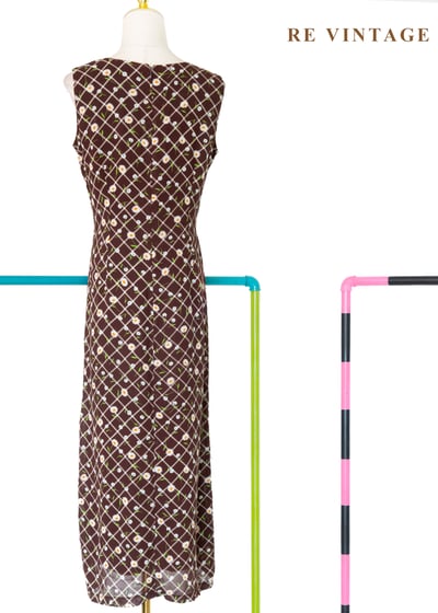 昭和少女的野餐棕色花卉菱格長洋裝8