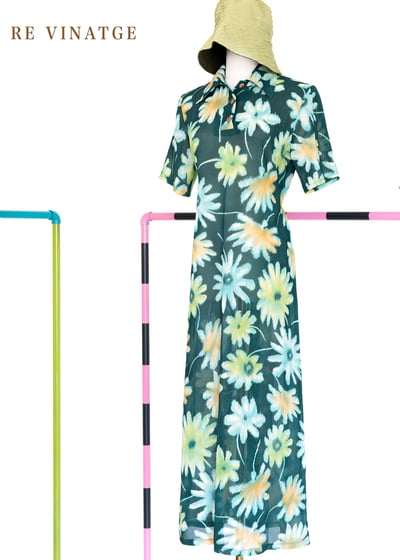 松花綠暈染大花朵長洋裝1