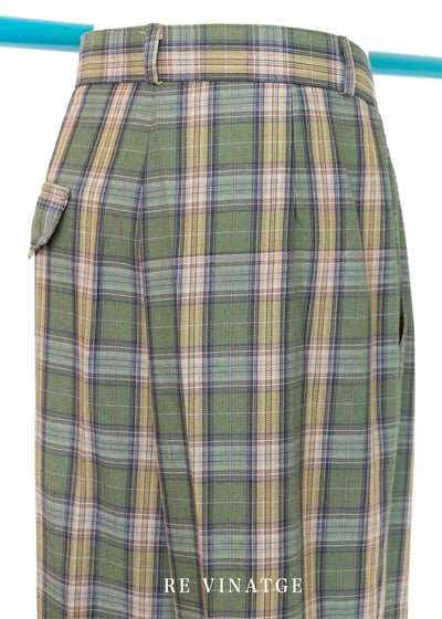 韓國製 - （大尺碼）森林綠高腰格紋西裝褲8