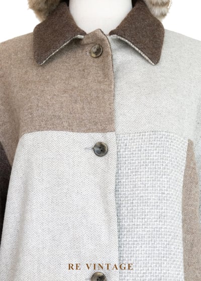 大地色拼接方格毛呢長版外套3