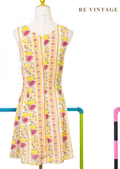 奶油檸檬黃線條粉紅玫瑰迷你洋裝10