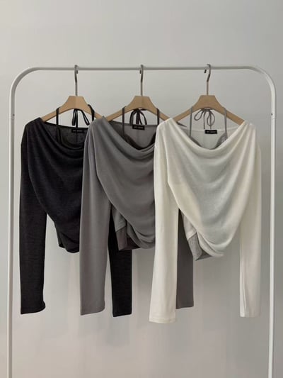 鬆鬆垂領假兩件繞脖上衣7