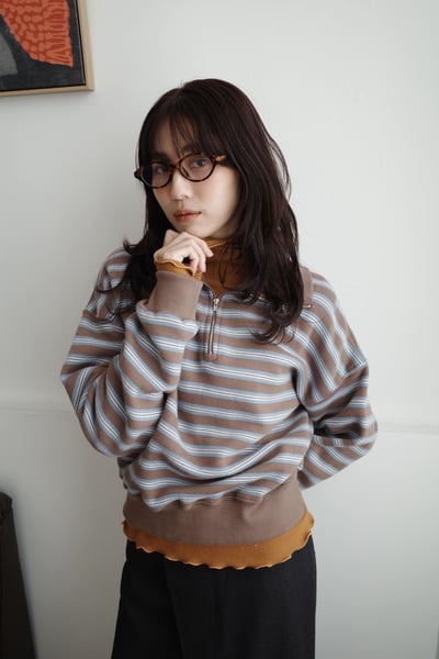 拉鍊POLO領內刷毛條紋撞色上衣1