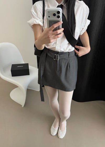 附綁帶直紋挺版短褲裙1