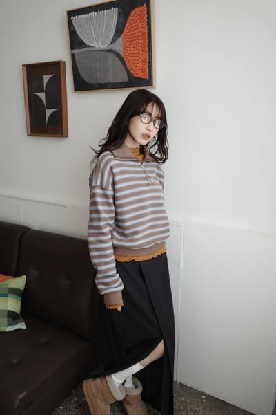 拉鍊POLO領內刷毛條紋撞色上衣5