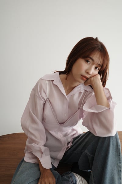 仙女！質感光澤絲綢附馬甲襯衫組1