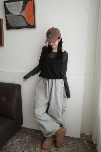 下抽繩雙側打褶寬直筒棉褲2