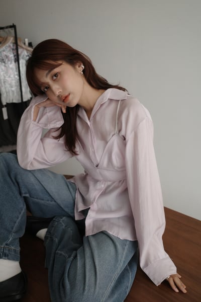 仙女！質感光澤絲綢附馬甲襯衫組2