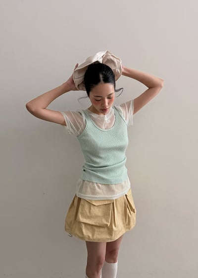 (不買會後悔)網紗坑條背心兩件式set3