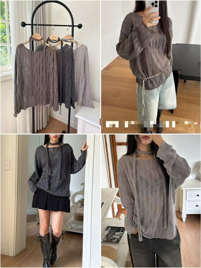 抓破織紋柔軟附綁帶薄長袖7