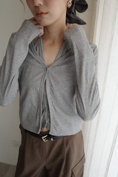 假兩件切v單扣外套上衣1