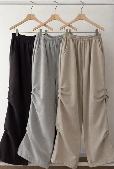 下抽繩雙側打褶寬直筒棉褲6