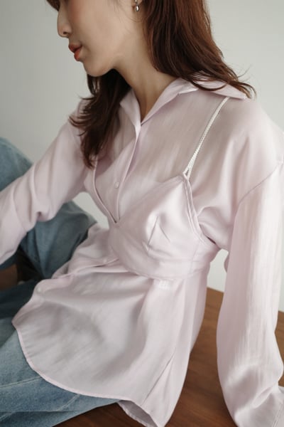 仙女！質感光澤絲綢附馬甲襯衫組6