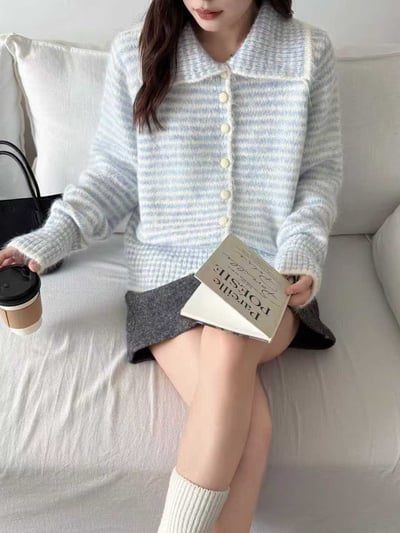 糖果撞色條紋排扣毛線外5