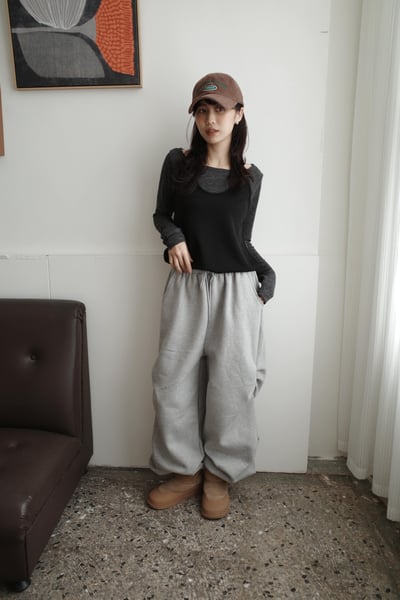 下抽繩雙側打褶寬直筒棉褲4