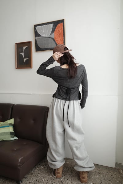 下抽繩雙側打褶寬直筒棉褲5