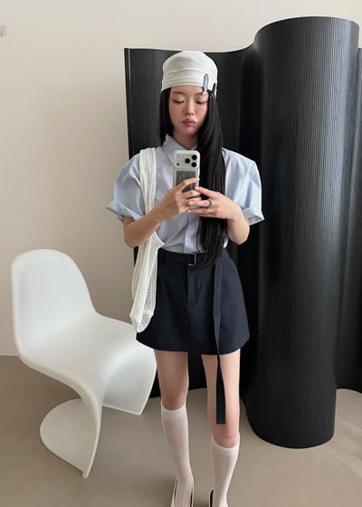 附綁帶直紋挺版短褲裙9