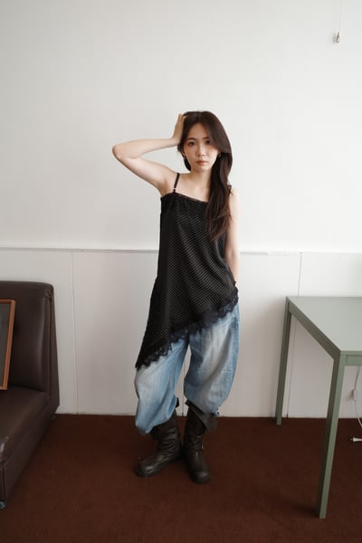 hot!! 波點拼接蕾絲斜切短洋4