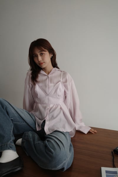 仙女！質感光澤絲綢附馬甲襯衫組8