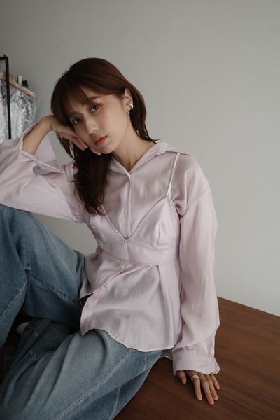 仙女！質感光澤絲綢附馬甲襯衫組9