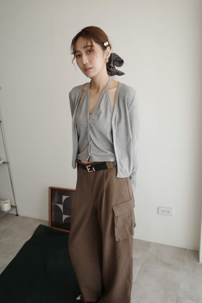 假兩件切v單扣外套上衣3