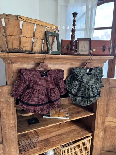 珍珠ribbon飛袖小格紋包屁裙*現貨綠18m3