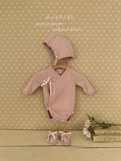 小刺繡側綁帶新生兒服/鈕扣帽4