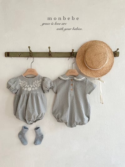 刺繡花朵澎袖格紋包屁衣/洋裝(2color)15