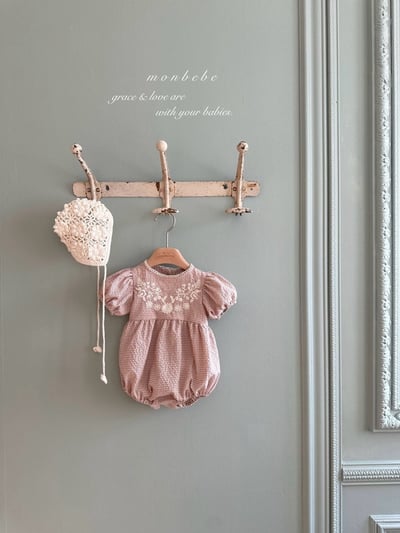 刺繡花朵澎袖格紋包屁衣/洋裝(2color)4